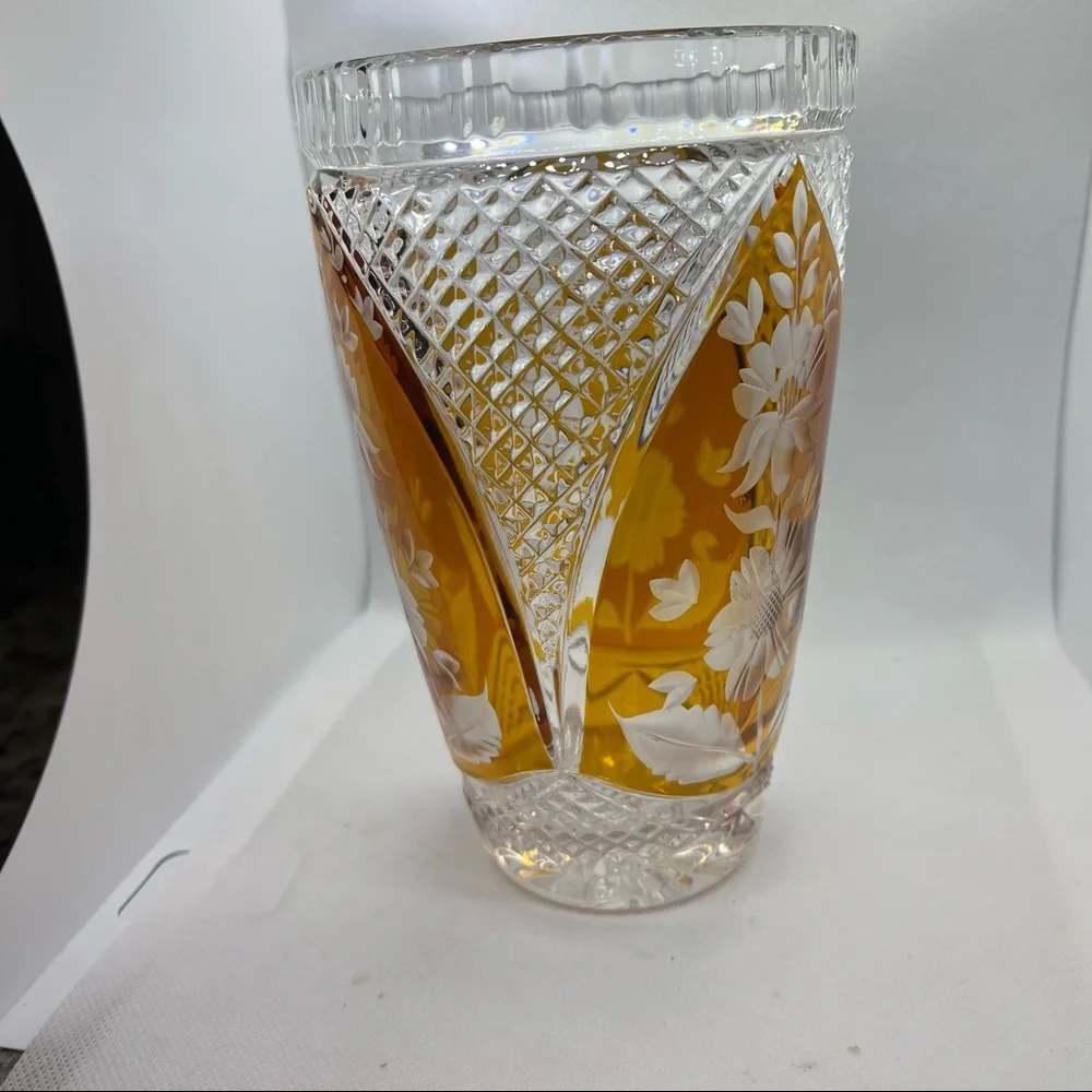Czech Amber Crystal Three Panel Vase MCM Elegant Glass Vase